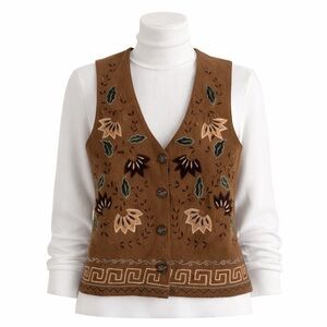 Size S Vintage Brown Wool Blend Embroidered Floral Vest